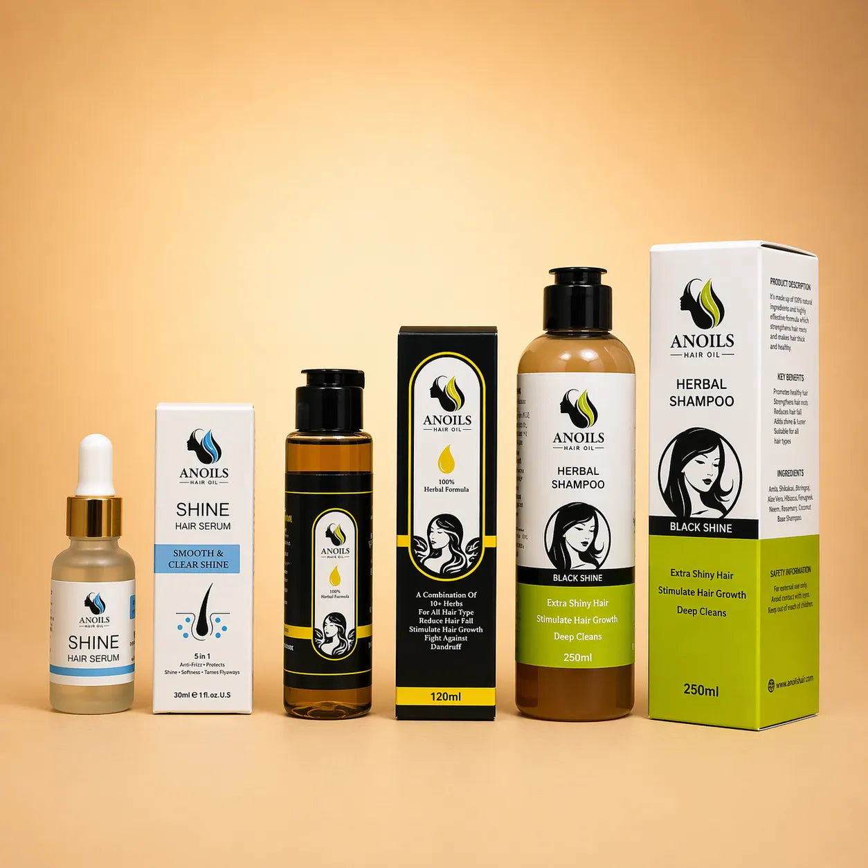 ANOILS Ultimate Hair Care Combo – Hair Oil and Herbal Shampoo + Shine Serum